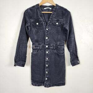 ZARA Washed Black Denim Dress Pockets Belted Mini Small Grunge Streetwear